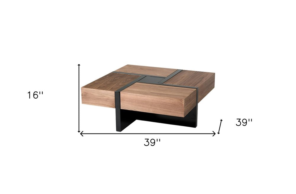 39" Brown and Black Wood Square Solid Coffee Table With Four Drawers