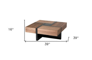 39" Brown and Black Wood Square Solid Coffee Table With Four Drawers