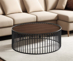 36" Brown and Black Wood And Metal Round Frame Coffee Table