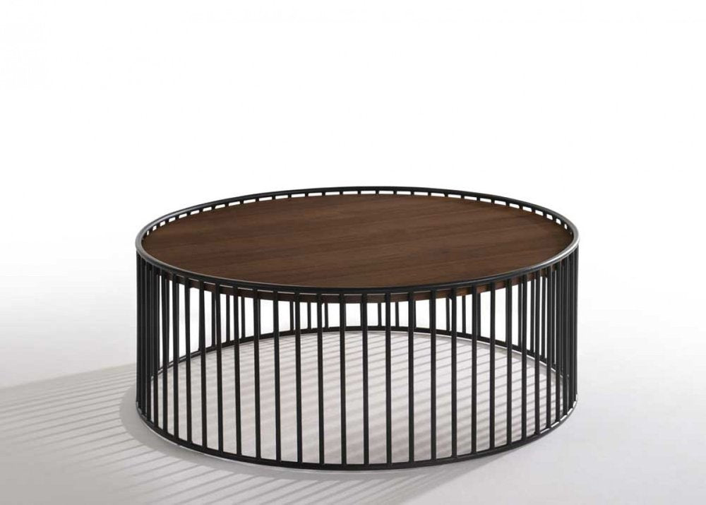 36" Brown and Black Wood And Metal Round Frame Coffee Table