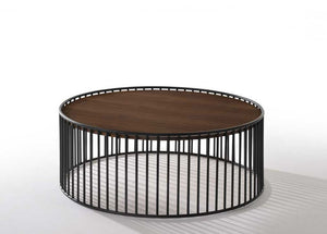 36" Brown and Black Wood And Metal Round Frame Coffee Table