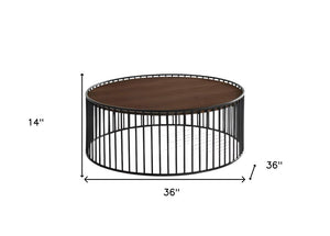 36" Brown and Black Wood And Metal Round Frame Coffee Table