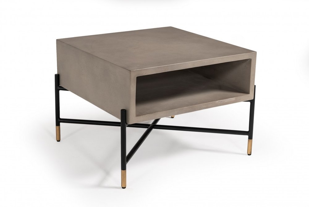 25" Gray and Black Concrete And Metal Square Coffee Table With Shelf