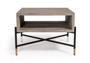 25" Gray and Black Concrete And Metal Square Coffee Table With Shelf