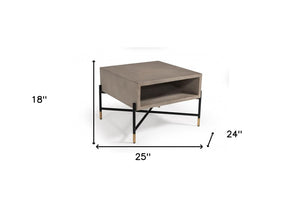 25" Gray and Black Concrete And Metal Square Coffee Table With Shelf