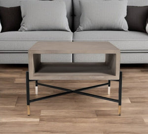 25" Gray and Black Concrete And Metal Square Coffee Table With Shelf