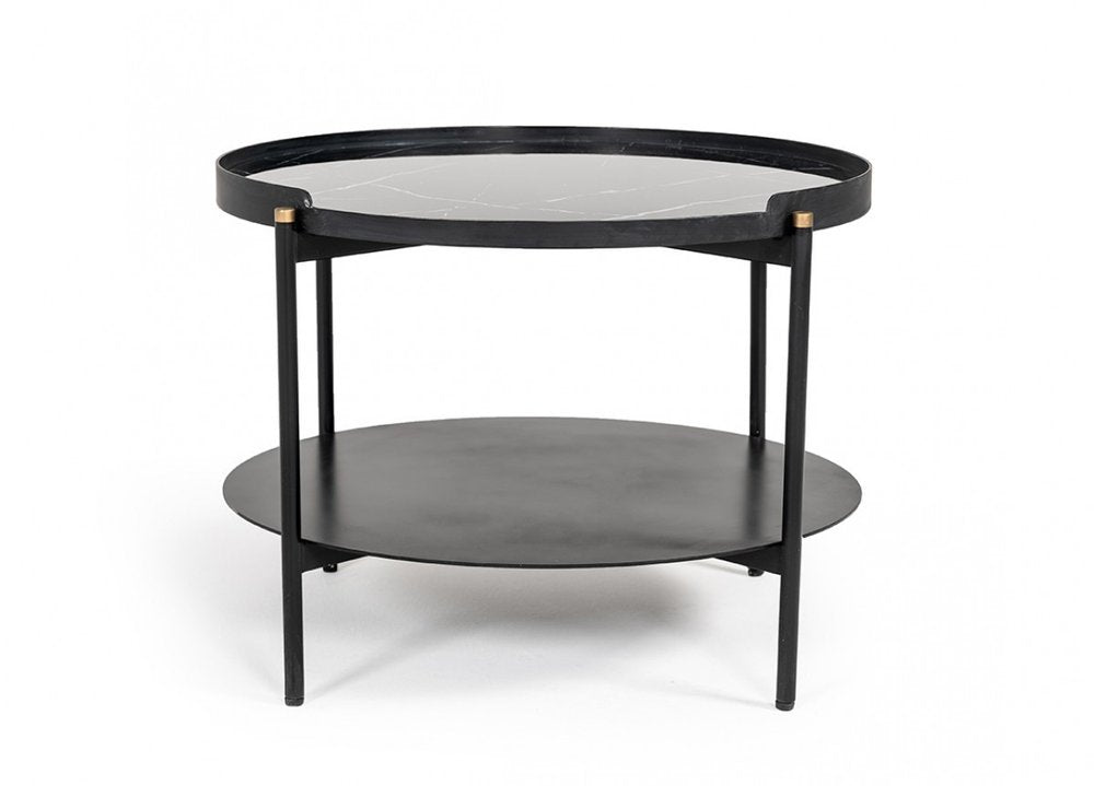 24" Black Faux Marble And Metal Round Coffee Table With Shelf