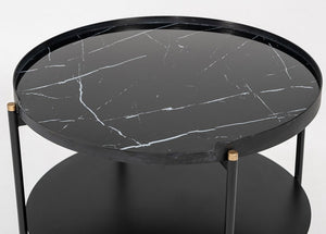 24" Black Faux Marble And Metal Round Coffee Table With Shelf