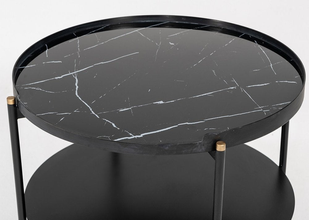 24" Black Faux Marble And Metal Round Coffee Table With Shelf