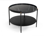 24" Black Faux Marble And Metal Round Coffee Table With Shelf