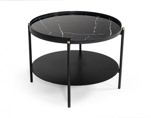 24" Black Faux Marble And Metal Round Coffee Table With Shelf