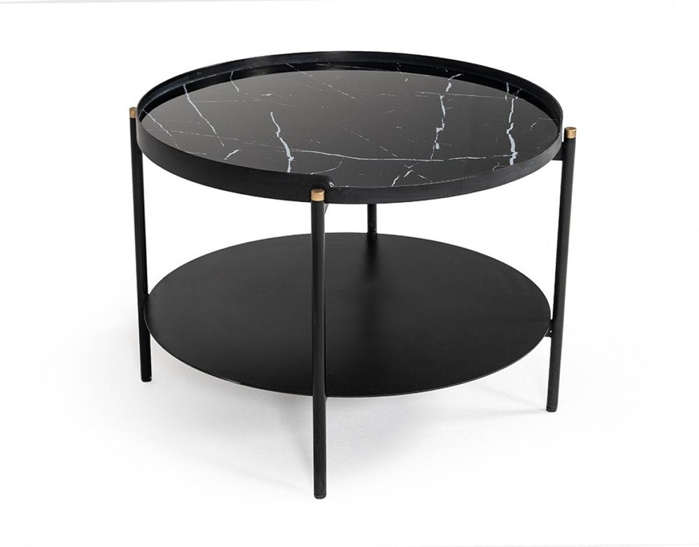24" Black Faux Marble And Metal Round Coffee Table With Shelf