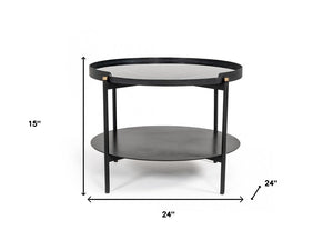 24" Black Faux Marble And Metal Round Coffee Table With Shelf
