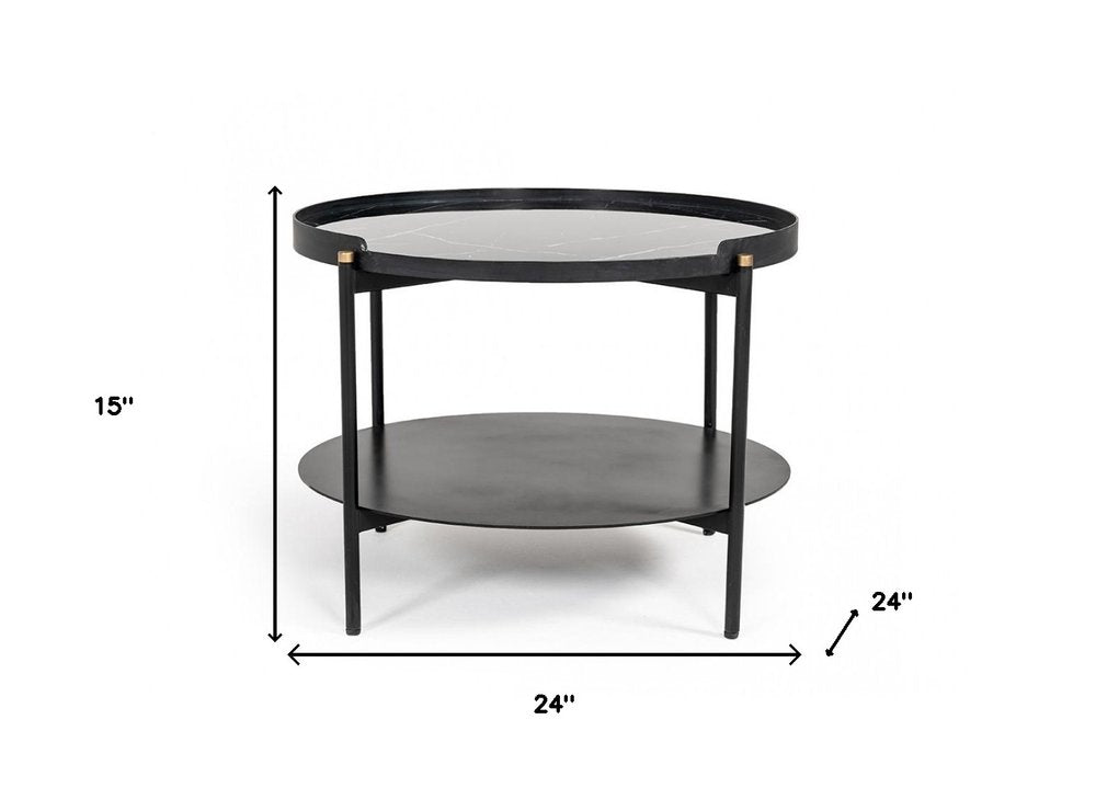 24" Black Faux Marble And Metal Round Coffee Table With Shelf