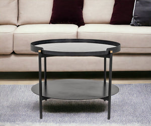 24" Black Faux Marble And Metal Round Coffee Table With Shelf