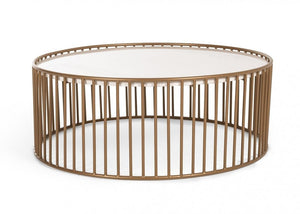 37" White and Gold Faux Marble And Metal Round Frame Coffee Table