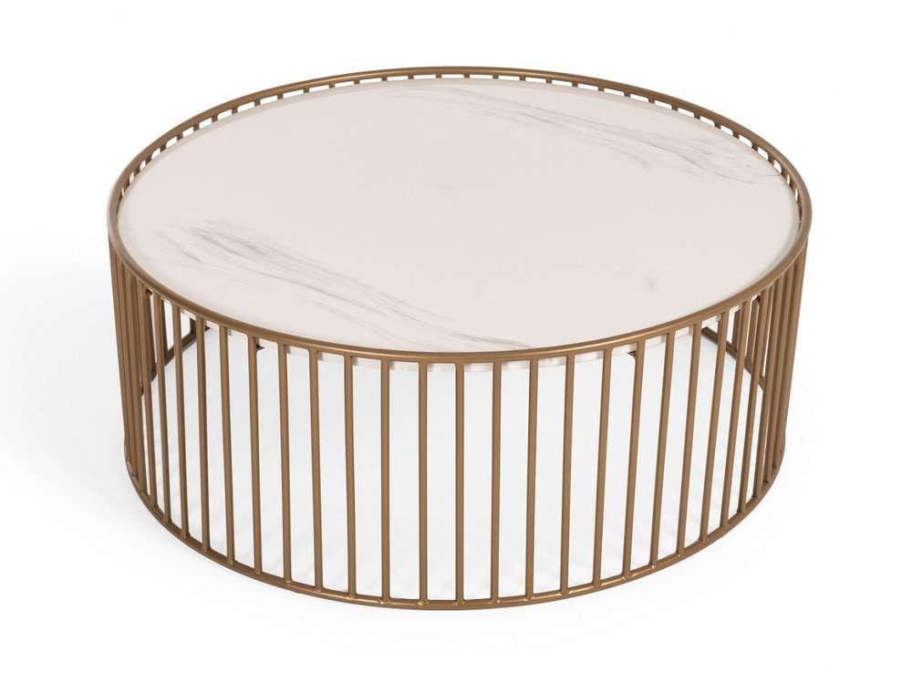 37" White and Gold Faux Marble And Metal Round Frame Coffee Table