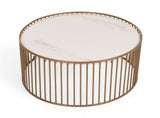37" White and Gold Faux Marble And Metal Round Frame Coffee Table