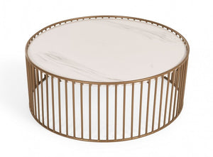 37" White and Gold Faux Marble And Metal Round Frame Coffee Table