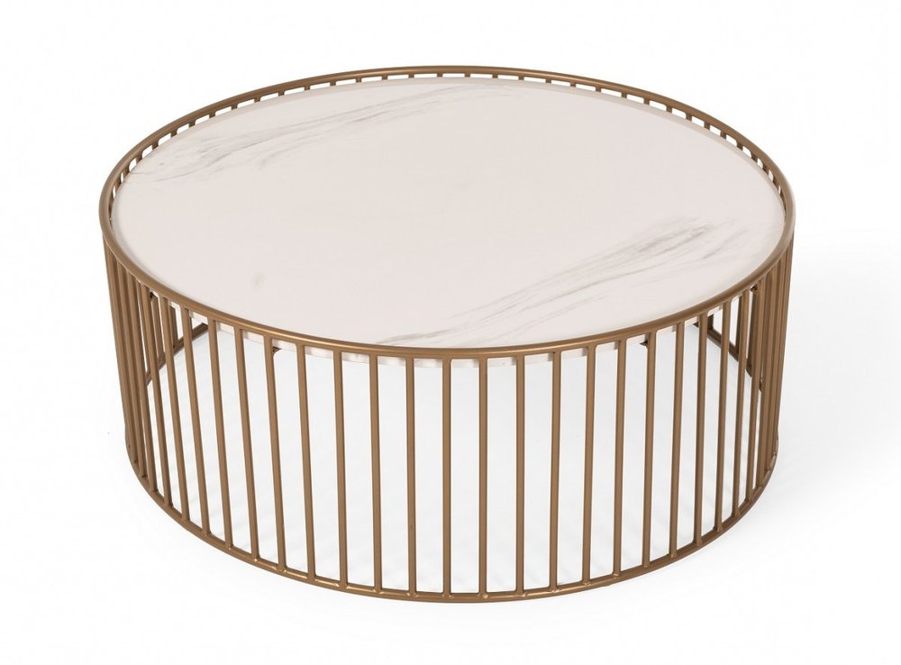 37" White and Gold Faux Marble And Metal Round Frame Coffee Table
