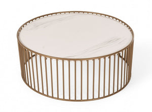 37" White and Gold Faux Marble And Metal Round Frame Coffee Table