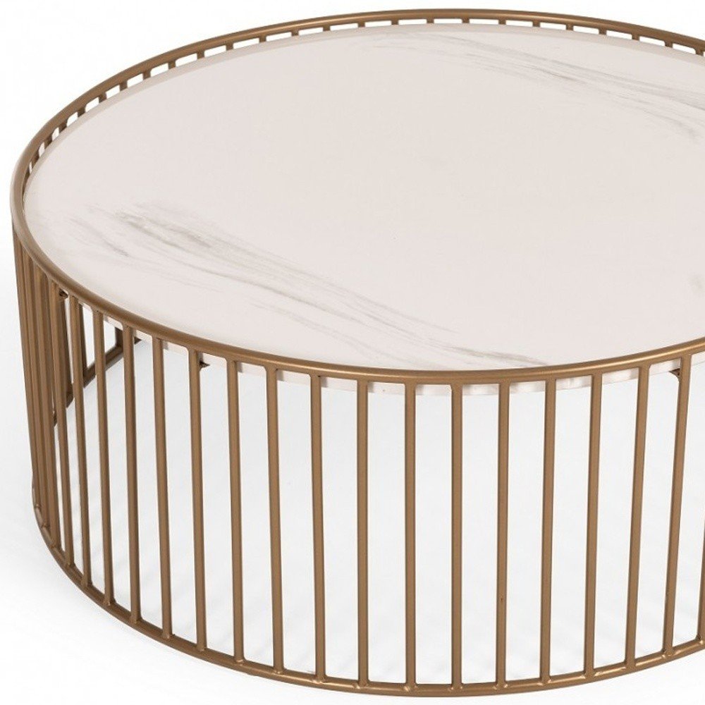 37" White and Gold Faux Marble And Metal Round Frame Coffee Table