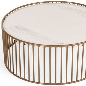 37" White and Gold Faux Marble And Metal Round Frame Coffee Table