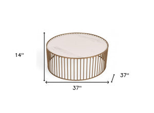 37" White and Gold Faux Marble And Metal Round Frame Coffee Table