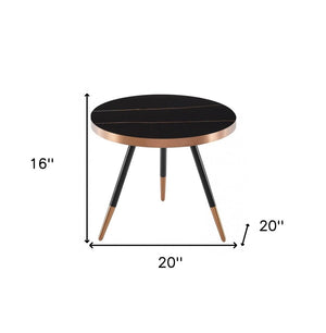 20" Black and Gold Faux Marble And Metal Round Coffee Table