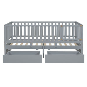 Daybed With Fence Guardrails And 2 Drawers, Split Into Independent Floor Bed & Daybed by Couch.com