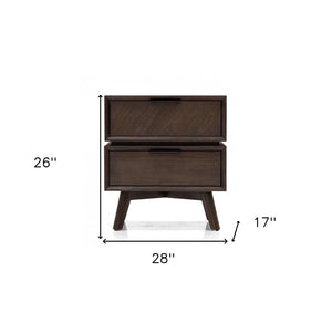 Mid Century Acacia Nightstand with Two Drawers and Black Metal Handles