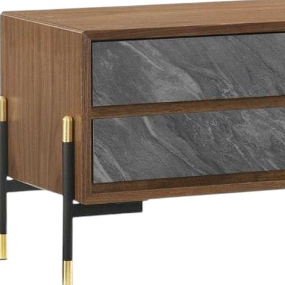 Mid Century Walnut and Gray Faux Marble Two Drawer Nightstand