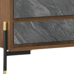Mid Century Walnut and Gray Faux Marble Two Drawer Nightstand