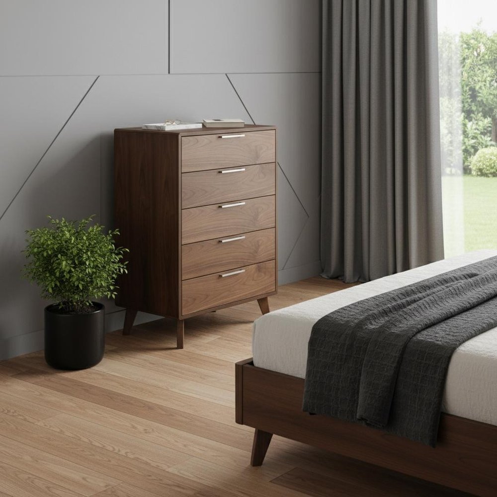 30" Brown Solid Wood Five Drawer Dresser