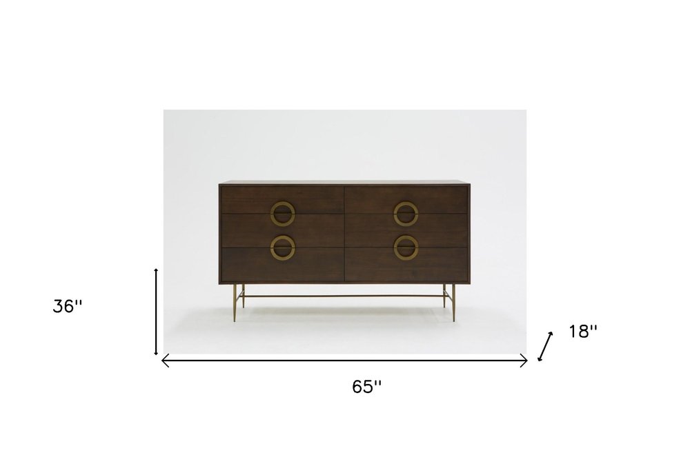 65" Dark Brown Solid Wood Six Drawer Double Dresser