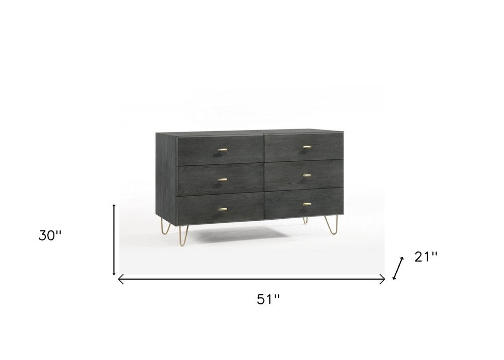 51" Grey Manufactured Wood Six Drawer Double Dresser