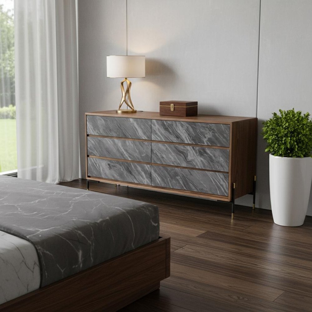 63" Brown Wood Six Drawer Double Dresser