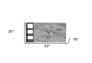 63" Grey Faux Marble and Black Wood Six Drawer Double Dresser