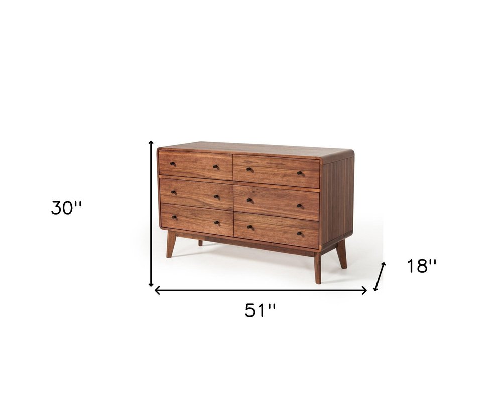 51" Brown Solid Wood Six Drawer Double Dresser