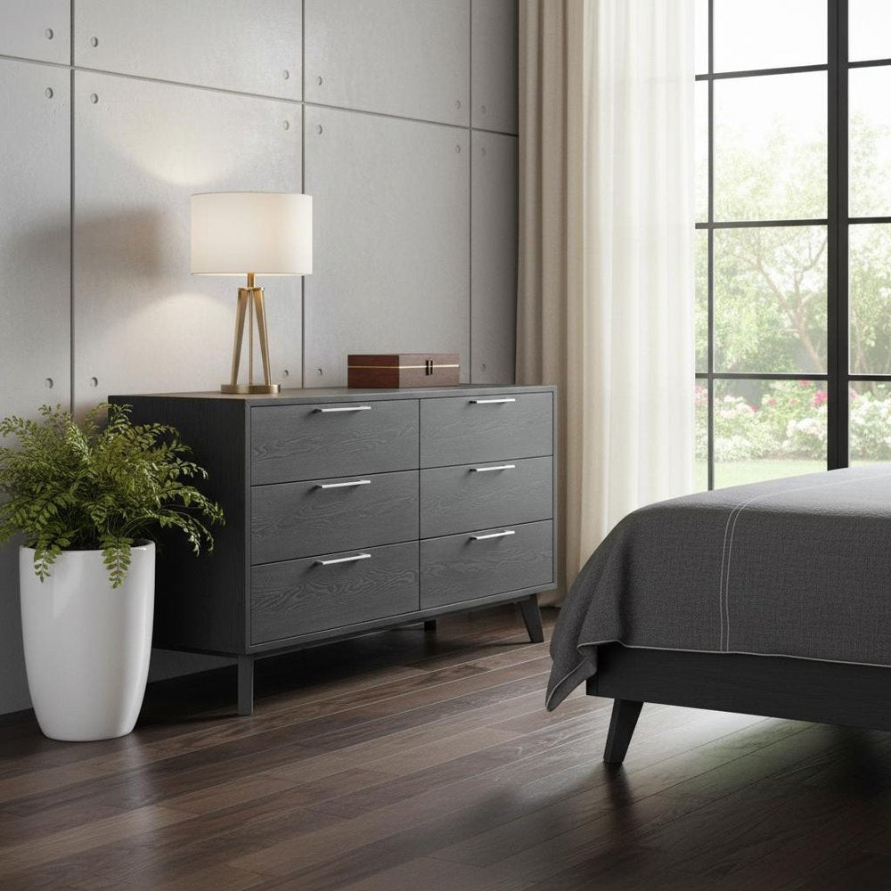 51" Gray Solid Wood Six Drawer Double Dresser