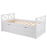 White Cross Back Wood Twin With Two Drawers Bed Frame with Trundle