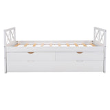 White Cross Back Wood Twin With Two Drawers Bed Frame with Trundle