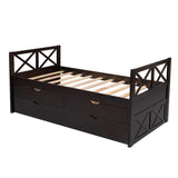 Espresso Cross Back Wood Twin With Two Drawers Bed Frame with Trundle