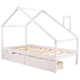 White Wood Twin Four Poster Bed Frame With Two Drawers