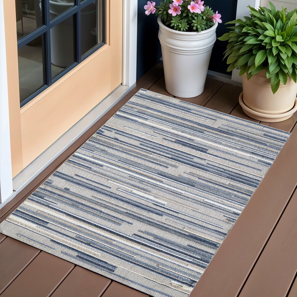 2' X 4' Blue and Gray Abstract Stripes Indoor Outdoor Area Rug