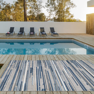 7' X 9' Blue And Gray Abstract Stripe Indoor Outdoor Area Rug