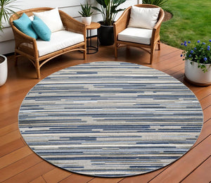 8’ Round Blue Abstract Striped Indoor Outdoor Area Rug