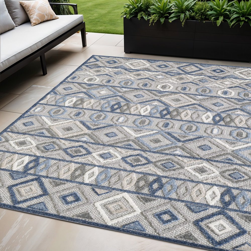 5' X 7' Blue And Gray Abstract Stain Resistant Indoor Outdoor Area Rug