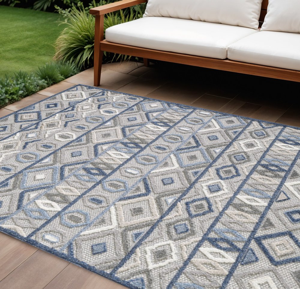 8' X 10' Blue And Gray Abstract Stain Resistant Indoor Outdoor Area Rug