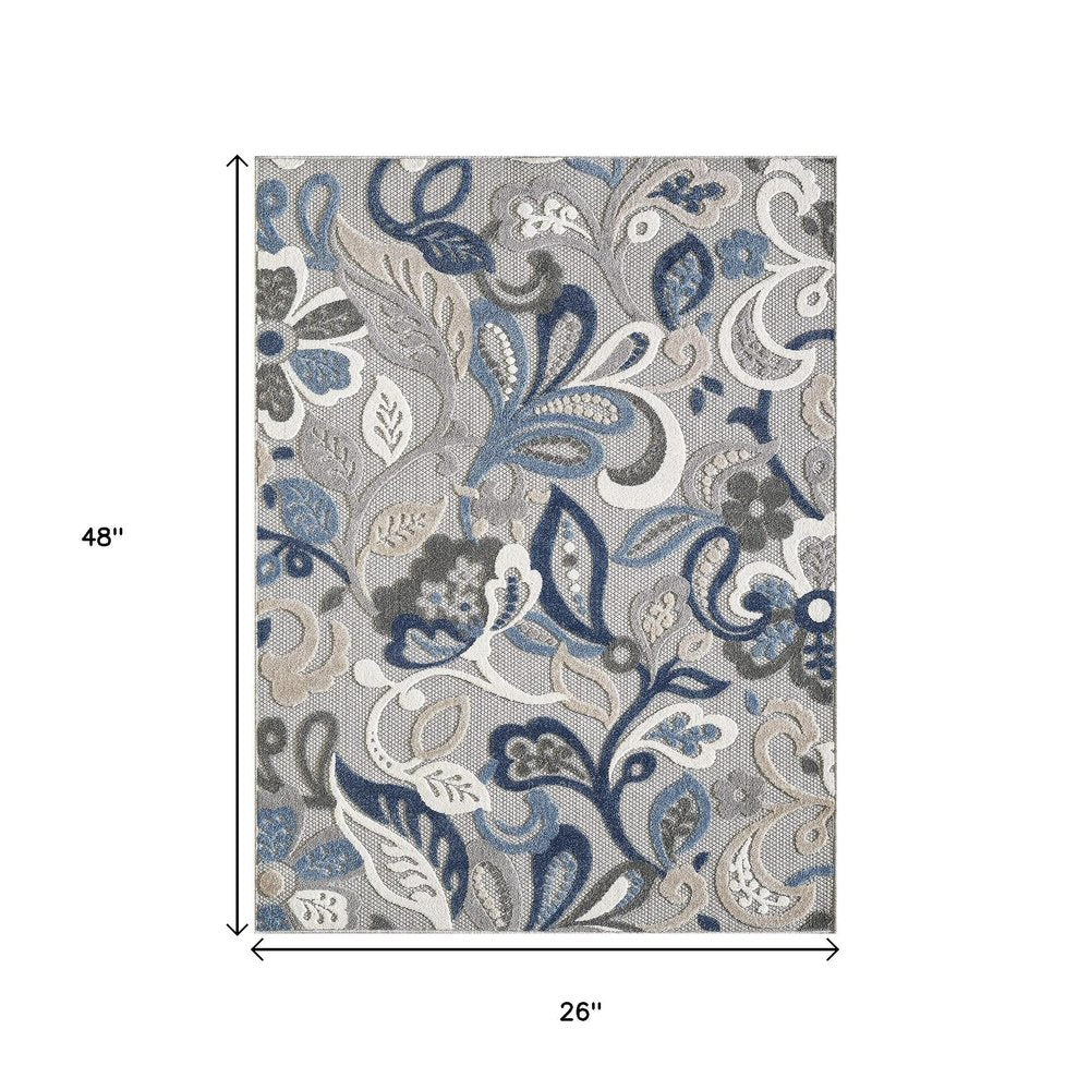 2' X 4' Blue Gray Jacobean Floral Indoor Outdoor Area Rug